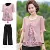 Traje de Verano para Madre Blusa Pequeña de Gasa Moda Elegante Top Falso de Dos Piezas de Manga Corta para Mujeres de Mediana Edad y Mayores