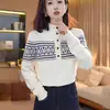 Suéter Jacquard Fair Isle Retrô para Mulheres Outono/Inverno 2025 Gola Alta Meia Botões Malha Grossa Elegante Redutor de Idade Camisa Base