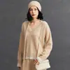 Cashmere 2025 Novo Outono e Inverno Feminino Solto Gola V Estilo Preppy Falso Duas Peças Pulôver Camada Base Malha