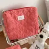 Bolsa de Cosméticos Acolchada a Cuadros Bolsa de Almacenamiento de Cosméticos de Gran Capacidad Bolsa de Tocador Portátil Linda Bolso de Mano para la Muñeca de Algodón