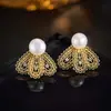 Pendientes de Encaje Estilo Francés Lujo Ligero Perla de Agua Dulce Forma de Abanico Pendientes Huecos Tallados Vintage para Mujer con Pasadores de Plata 925