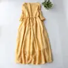 Vestido Artístico de Cor Sólida Bordado com Gola Redonda para Mulheres no Verão, Cintura com Amarração Emagrecedora, Elegante e de Conto de Fadas, Comprimento Médio