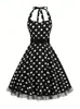 Temu Amazon Cinturón de Encaje Retro Europeo y Americano Costura Vestido de Lunares Hepburn para Mujer
