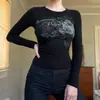Camiseta básica elástica de manga larga transfronteriza, nuevo estilo 2026 para chicas a la moda, adelgazante y versátil, top de camiseta corta ajustada con cuello redondo y estampado