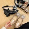 Salto Grosso Aumentado 7cm Sapatos Mary Jane Franceses Femininos 2025 Primavera Novo Estilo Fivela Quadrada Strass Saltos Altos Pequenos