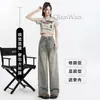 Jeans Wide Leg com Borda de Pelo Estilo Retrô Americano Feminino Outono Cintura Alta Design de Nicho Solto Reta Caída Calças