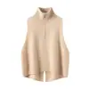 Chaleco de punto de cachemira para otoño e invierno para mujer, de cuello alto, media cremallera, diseño con abertura, cárdigan de punto versátil