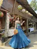 Tailandia Xishuangbanna Resort de Viajes Atuendo Estilo Étnico para Mujer Verano Azul Dopamina Falda Larga de Media Parte Superior Conjunto de Dos Piezas