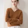 2025 Nuevo Suéter de Cachemira de Otoño e Invierno para Mujer Cuello en V Color Puro Tejido Suéter Base Holgado Adelgazante Top Interior