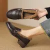 Mocasines de Estilo Británico con Forro de Borrego 2025 Invierno Gruesos de Tacón Medio con Hebilla Punta Redonda Piel Genuina Piel Zapatos Individuales de Corte Profundo para Mujer