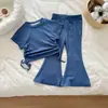 Conjunto de Dos Piezas para Niña Estilo Coreano con Cordón y Mangas Cortas, Nuevo Atuendo de Moda Infantil de Dos Piezas, Pantalones Acampanados de Color Sólido para Primavera y Otoño
