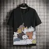 Camiseta de Manga Corta de Algodón Puro con Gato de Dibujos Animados para Hombre Verano Fina 2021 Nueva Versátil Holgada de Marca de Moda Camiseta de Media Manga
