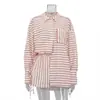 Conjunto de camisa a rayas de moda europea y americana transfronterizo para mujer, nuevo estilo de verano, con un cárdigan de manga larga con cuello y pantalones cortos, un conjunto de dos piezas