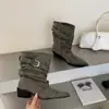 Nuevas botas de estilo veraniego con punta fina, tacón grueso, fruncidas, de media caña, tipo jinete, western, para mujer, con tacón de bloque, botines