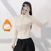 Jaqueta de Yoga Feminina com Forro de Fleece para Outono e Inverno Gola Alta Zíper Cintura Ajustada Slim-Fit Roupa Fitness Polegar Espessado Fleece Top Esportivo