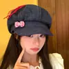 Boina jeans com laço estilo japonês para mulheres, chapéu octogonal fofo e doce em formato de nuvem estilo coreano, chapéu de artista versátil e que afina o rosto