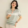 Camiseta base de punto de algodón puro a rayas para mujer, estilo nuevo de verano, manga corta, cuello redondo, top pullover a rayas holgado con hombros normales