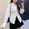 Camisa de manga larga azul estilo universitario para mujer, nuevo diseño de otoño 2024, top elegante con cintura ajustada y adelgazante.