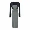 Vestido Maxi Ajustado Bodycon Sexy de Tirantes con Escote en U y Abertura, Conjunto de Dos Piezas con Cárdigan, Conjunto Puro Deseo para Mujer