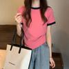 Camiseta de Manga Corta para Mujer con Bloques de Color Inspirados en Diseño, Nueva Moda de Verano 2026, Top Corto Irregular Único para Estudiante