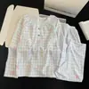 Pijama Feminino Transfronteiriço para Primavera e Outono, Algodão Nuvem Gola Redonda Pulôver Manga Longa Desenho Animado Fofo Xadrez Roupa de Casa Que Pode Ser Usada Fora