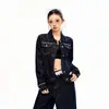 Conjunto de mezclilla para mujer con mangas largas, solapa de encaje, chaqueta de mezclilla de lyocell azul holgada y pantalones de mezclilla azul con etiquetas