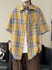 Camisa de Manga Corta a Cuadros de Estilo Japonés para Hombre, Verano Nuevo Vintage Cepillado Talla Grande Cuello Vuelto Chaqueta Camisera Suelta