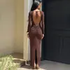 Vestido largo bodycon vintage transfronterizo europeo y americano con escote en V, diseño fruncido sin espalda, tirantes de amarre, abertura, estilo adelgazante y sexy