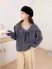 Cardigan de Tricô Veludo Imitação de Visom Novo Estilo Outono/Inverno 2025 com Gola Elegante Azul Marinho, Suéter Casaco Macio e Moderno Estilo Coreano para Mulheres