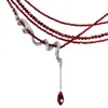 Collar de Múltiples Capas con Colgante en Forma de Serpiente de Cristales Rojos para Mujer, Cadena para Clavícula de Chica Popular, Collar de Perlas Rojas