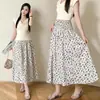 Saia Chiffon Estampada Floral Francesa para Gestantes, Verão 2026 Nova Saia Midi de Cintura Alta Franzida Linha A Drapeada