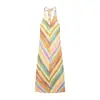 Vestido de verão feminino com decote V, costas abertas, decoração de laço, gola halter listrada, comprimento midi, estilo europeu e americano