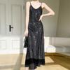 Vestido largo de tirantes de verano con cuello en V, drapeado elegante, cintura alta ajustada, base jacquard de acetato satinado, estilo chino nuevo