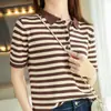Camisa de tricô de algodão puro, best-seller de verão, com gola virada, color blocking listrado, manga curta, gola redonda, ajuste slim, camiseta de puxar, top versátil e simples para mulheres