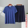 Pijama de Modal de Verano con Cuello en V para Hombre, Manga Corta, Pantalón Corto, Delgado, Holgado, Tallas Grandes, Ropa Deportiva, Ropa de Casa, Conjunto de Dos Piezas