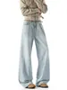 Jeans Retrô Lavado Desgastado de Perna Reta para Homens e Mulheres, Solto, Versátil, Com Caimento, Bigodes de Gato, Adolescente, Calça Longa Casual Americana