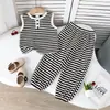 Conjunto de Chaleco de Punto Rayado sin Mangas de Nuevo Estilo de Verano + Pantalones Jogger Rayados Conjunto Casual de Dos Piezas Estilo Coreano para Niñas