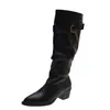 Botas de Cavaleiro com Solado Grosso e Salto Bloco Bico Fino Calçados Femininos 2026 Outono/Inverno Novas Botas Amassadas Empilhadas Botas de Cowboy Ocidental Botas de Cano Alto