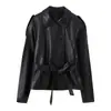 Para Aliexpress Popular Estilo Europeo y Americano para Mujer Chaqueta Cortavientos Corta de Imitación Cuero con Cinturón