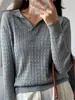 Outono e Inverno Algodão Puro Estilo Coreano Gola Pequena Torcido Suéter Feminino Camisa de Base Tricô Versátil Gola Polo Decote V Tricô