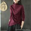 Camiseta Retro Literaria de Otoño para Mujer Cuello Alto Pequeño Parte Inferior Asimétrica Plisada Camiseta Básica Casual Versátil Elegante Aspecto Adelgazante Top