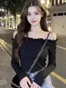 Camiseta Básica Popular de Estilo Francés sin Hombros de Manga Larga Ajustada Estilo Chica Picante Puro Deseo con Volantes