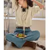 Camisa Roxo com Gola Tencel Francesa e Cordão, Manga Longa para Primavera
