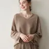 ¡Suave y sofisticado! Suéter de cachemira de corte holgado con borde enrollado para mujer, capa base de punto con cuello en V, top simple y versátil