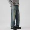Jeans Sueltos de Pierna Recta Estilo Americano para Hombre, Otoño e Invierno 2026, Lavado Vintage, Modernos, Desgastados, Caídos, de Pierna Ancha
