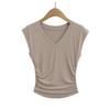 8605-25 Primavera Nueva Camiseta Americana Pure Desire con Cuello en V, Plisada y Cintura Ajustada