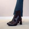 Versión de Piel de Oveja ~ Botines Retro de Tacón Alto con Lazo, Punta Cuadrada Pequeña, Elegantes Botines Cortos de Tacón Grueso, Cierre Trasero, Botines Elásticos Ajustados para Mujer