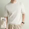 Suéter de malha de manga curta masculino yingao, gola redonda, outono e inverno, textura listrada vertical, estilo old money, caimento justo, suéter masculino cross-border