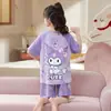 Pijama Feminino Infantil Desenho Animado Fino Manga Curta Algodão Puro Crianças Médias e Grandes Roupa Casual de Casa Verão Conjunto Pai e Filho