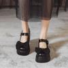Salto Alto com Fivela Feminino Laço Mary Jane Sapatos de Cabeça Grande Bico Redondo Sapatos de Boneca Casa e Roupa Moda Feminina Sapatos de Camada Única